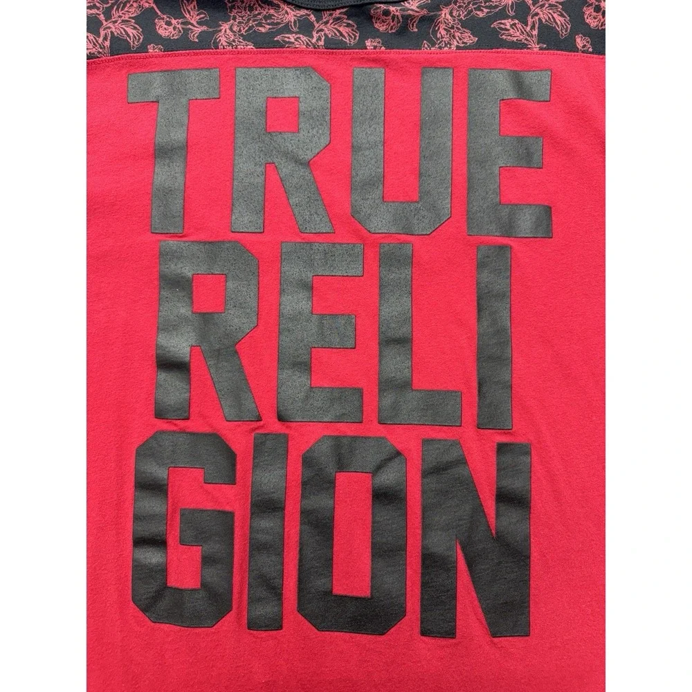 True Religion Shirt Mens 2XL Red Floral Yoke Block Logo Short Sleeve Tee